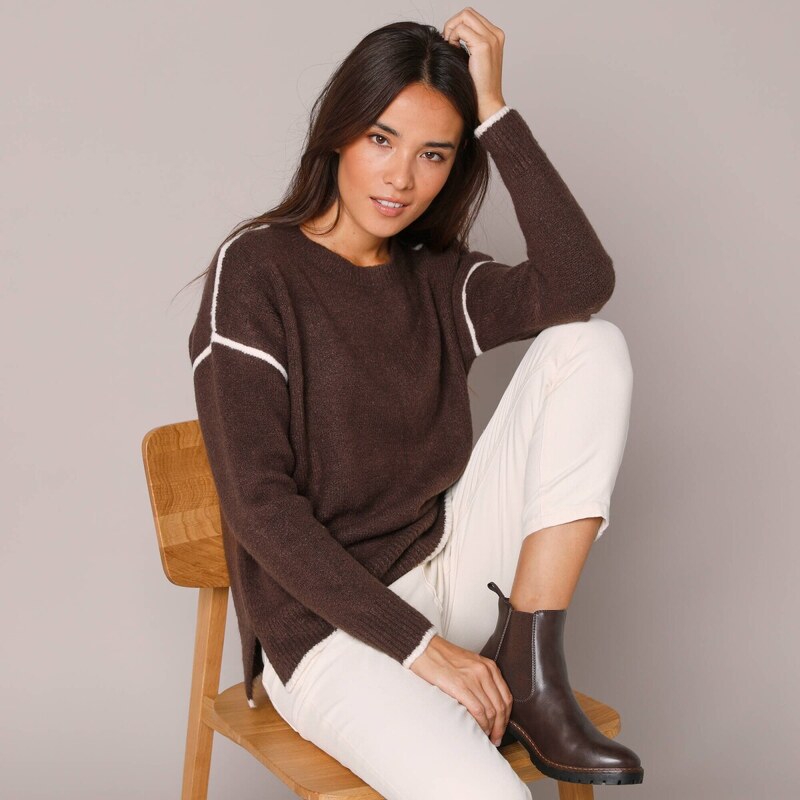 Voľný pulóver s kontrastným zakončením čokoládová 056 Blancheporte 58509337