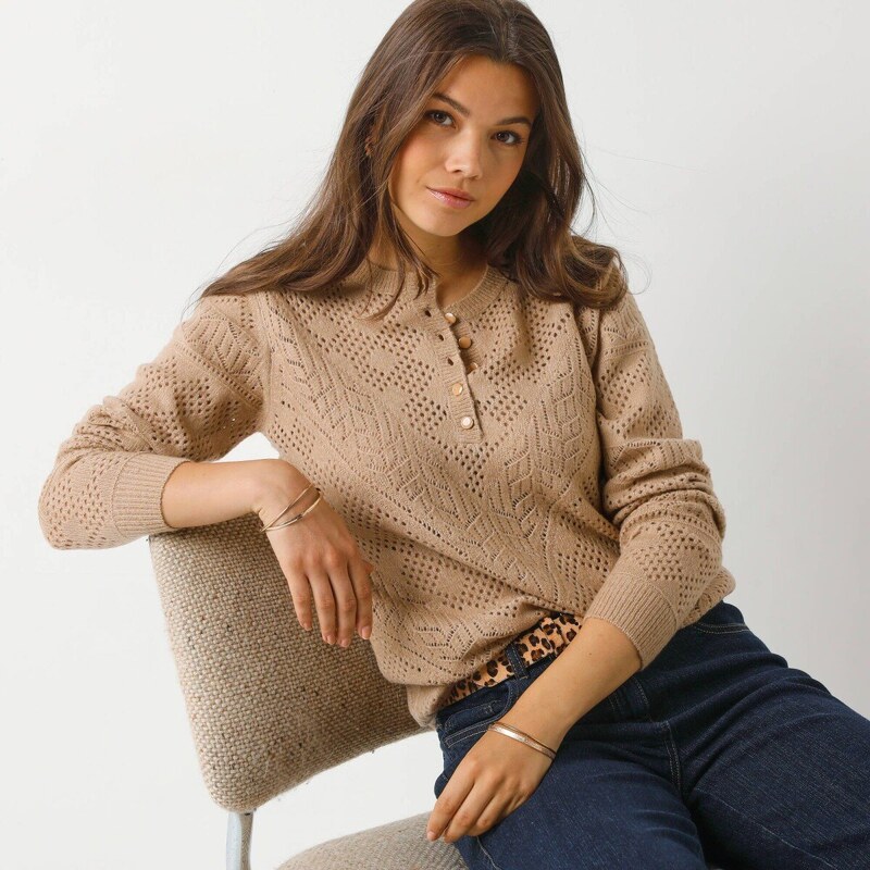 Ažúrový pulóver s tuniským výstrihom prírodná 048 Blancheporte 65772262