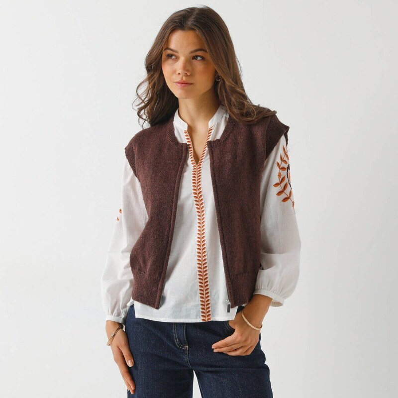 Sveter bez rukávov na zips čokoládová 052 Blancheporte 65772274