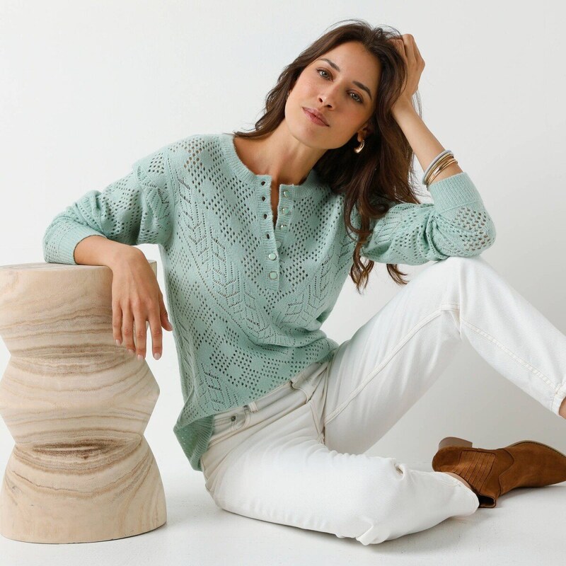 Ažúrový pulóver s tuniským výstrihom zelená morská 036 Blancheporte 65772263