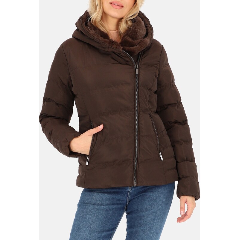 Perso Čokoládovo hnedá dámska prešívaná bunda s teplou kapucňou BLH 65787812