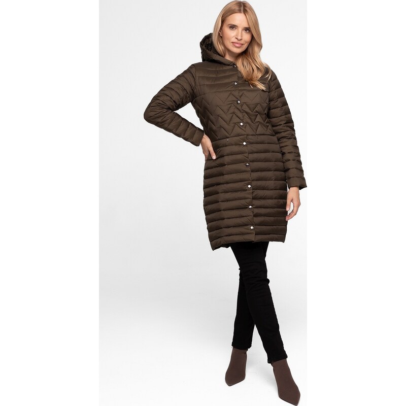 Perso Dámska khaki prešívaná páperová bunda s kapucňou BLH 919013 FX - 65787820