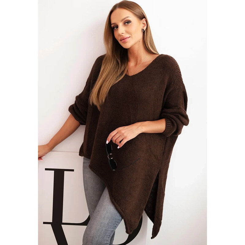Kesi Włoski Asymetrický dámsky tmavohnedý plus size sveter s výstrihom 65675093
