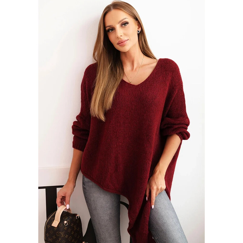 Kesi Asymetrický dámsky vínový plus size sveter s výstrihom do V 65675097