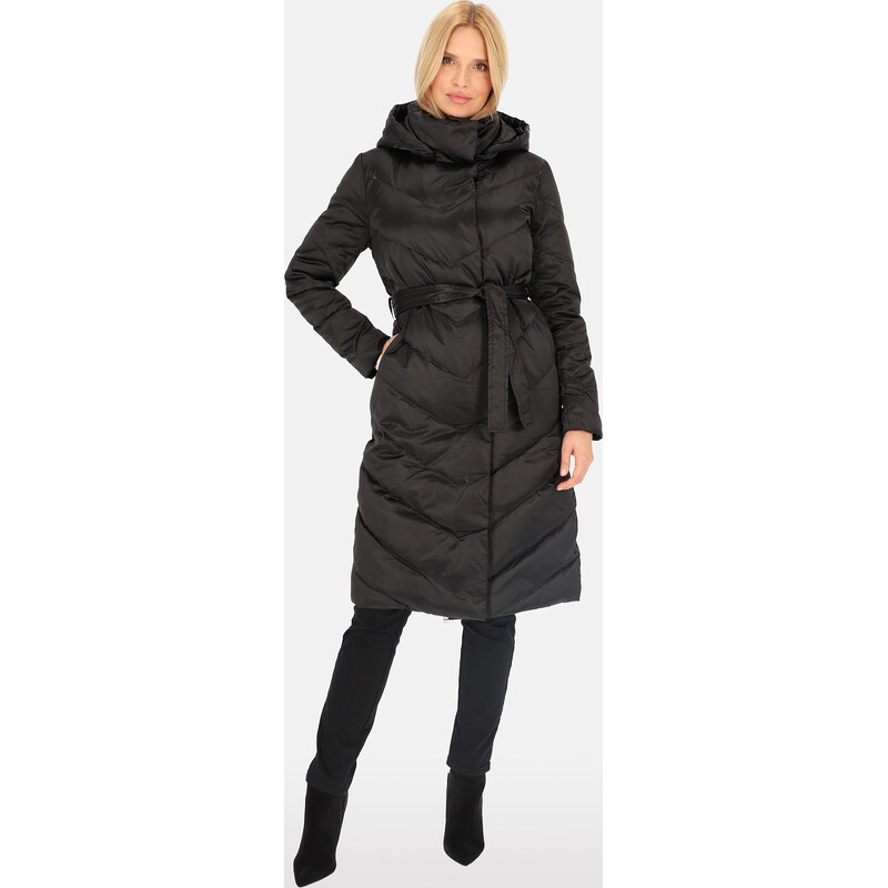 Perso Čierny dámsky zimný prešívaný kabát s viazaním v páse BLH 220044 65787779