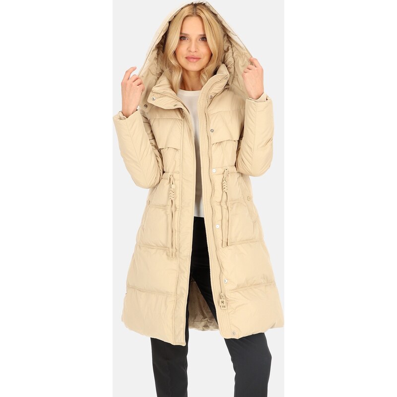 Perso Béžová dámska páperová bunda s ozdobnými sťahovacími šnúrkami 65787787