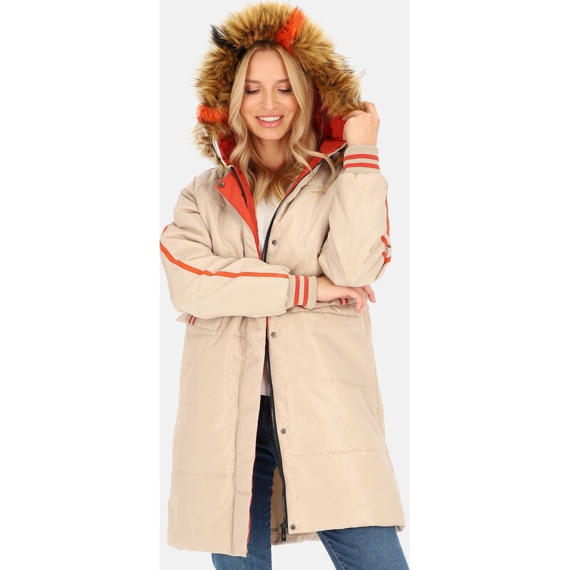 Perso Béžová dámska zimná prešívaná bunda s ozdobnými pruhmi BLH 65787806