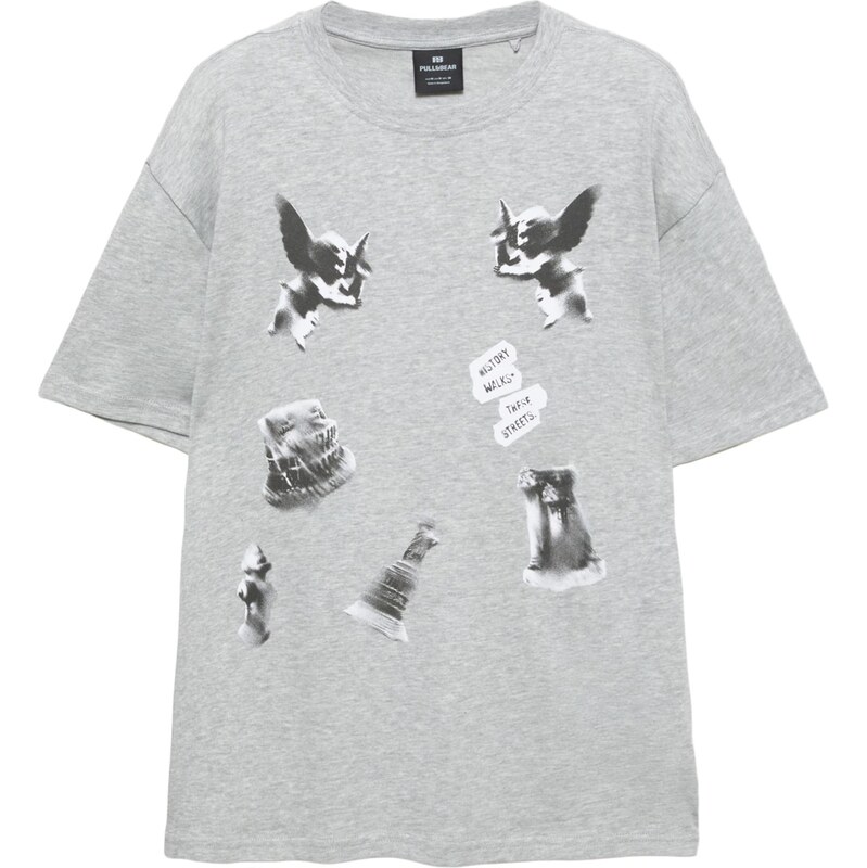 Pull&Bear Tričko sivá melírovaná / čierna / biela 65796760