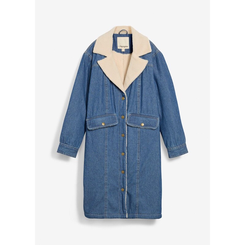 bonprix Zimný kabát, denim, teplo podšívaný, Teddy, farba modrá 65805933