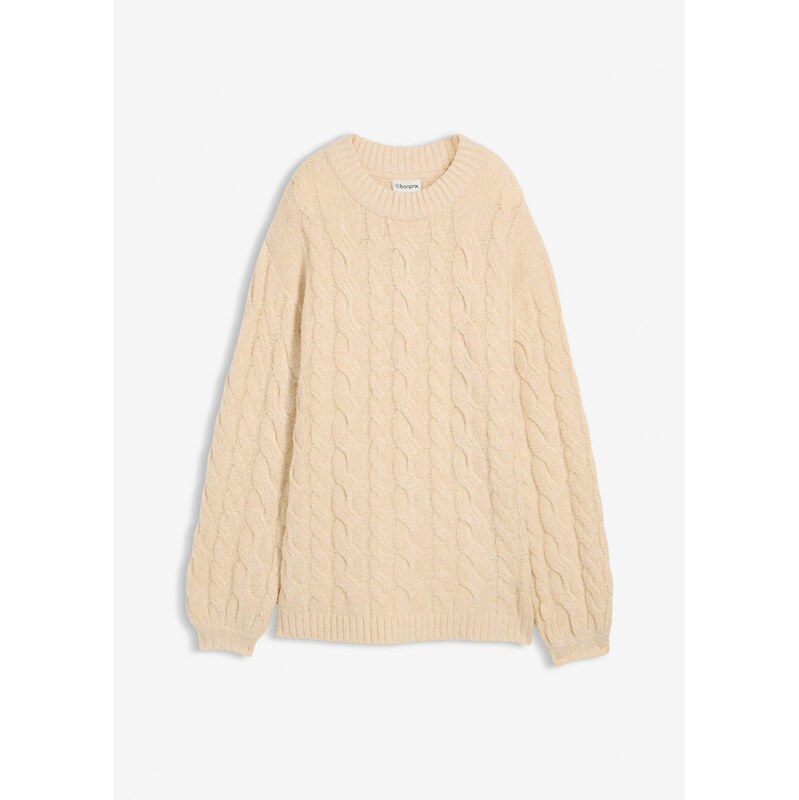 bonprix Pulóver, oversize s osmičkovým vzorom, farba béžová 65805948