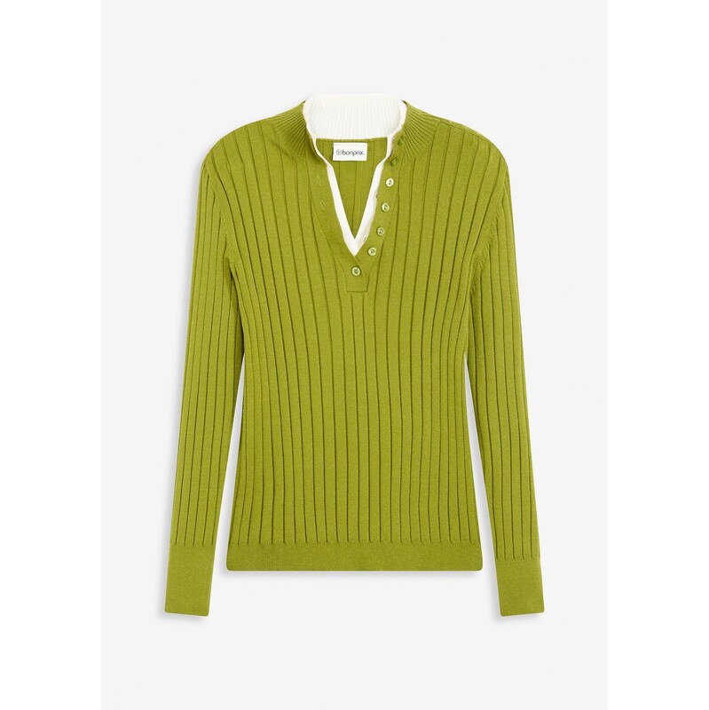 bonprix Vrúbkovaný pulóver s viskózou, 2v1 vzhľad, farba zelená 65806120