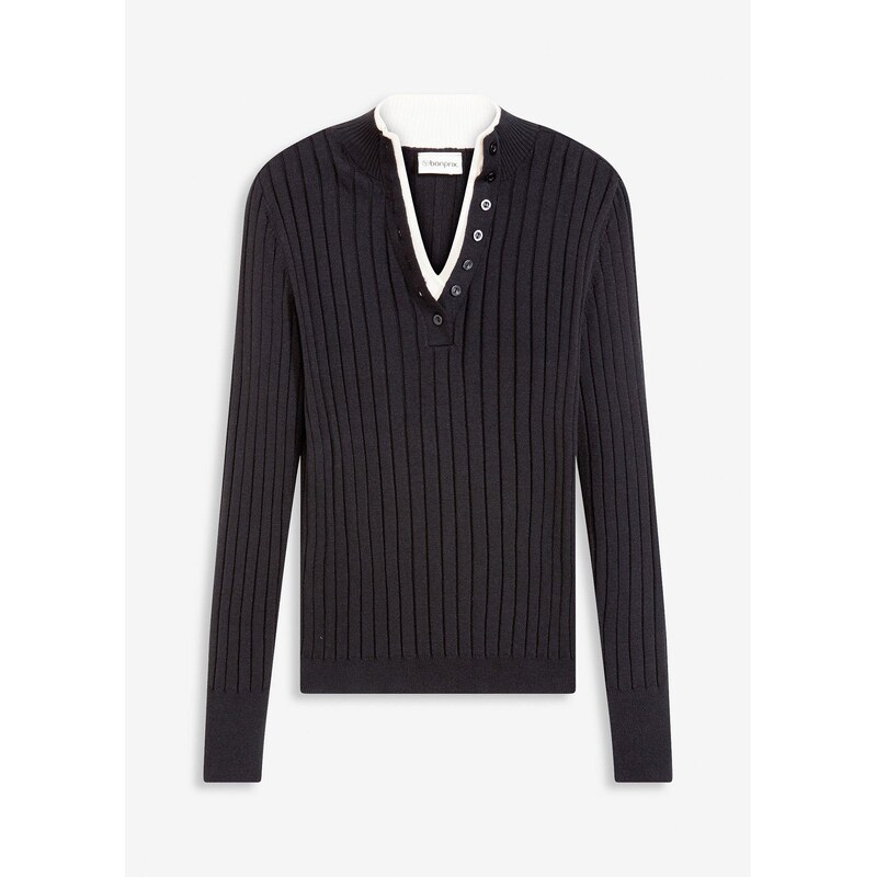 bonprix Vrúbkovaný pulóver s viskózou, 2v1 vzhľad, farba čierna 65806121