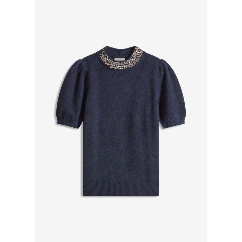 bonprix Pulóver so štrasovou aplikáciou, farba modrá 65806173