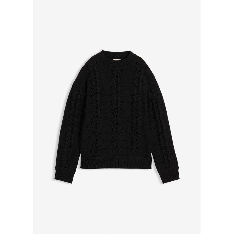 bonprix Hrubo pletený pulóver s osmičkovým vzorom, farba čierna 65806399