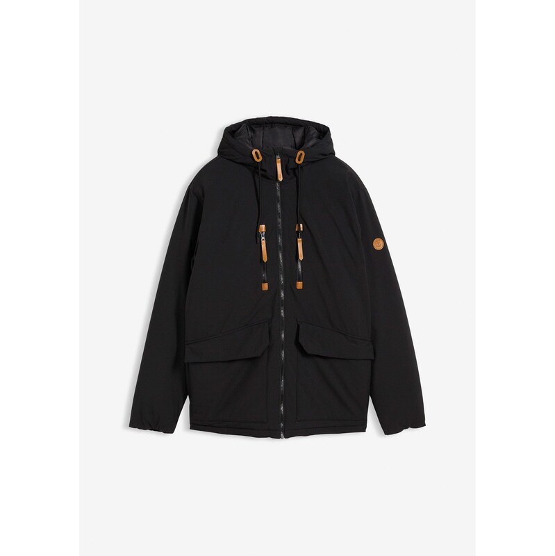 bonprix Zimná bunda s kapucňou a koženkovými detailmi, farba čierna 65806447