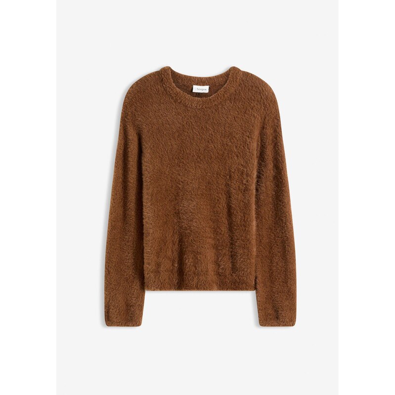 bonprix Pulóver v plyšovanom vzhľade, farba hnedá 65806844