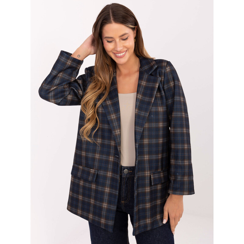 BASIC Tmavomodrý dámsky viskózový károvaný blejzer s ramennými 65808682