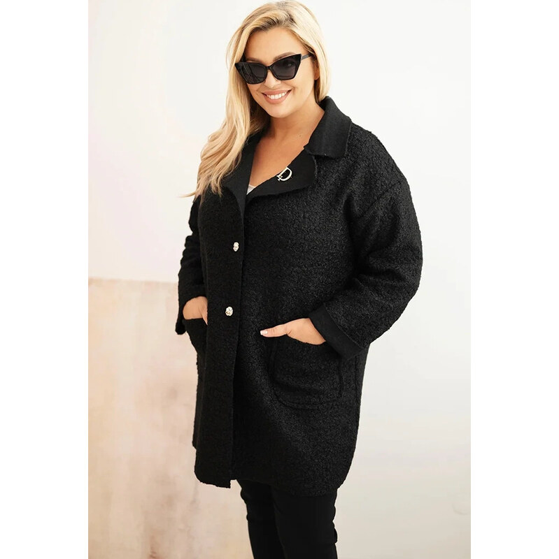 Kesi Čierny dámsky vlnený kabát pre plnoštíhle 65808679