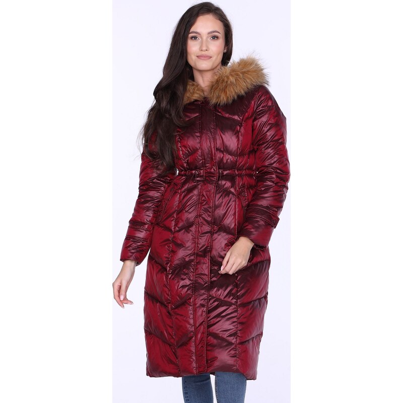 Perso Vínový dámsky zimný prešívaný kabát s kapucňou BLH 220032 FF - 65808696