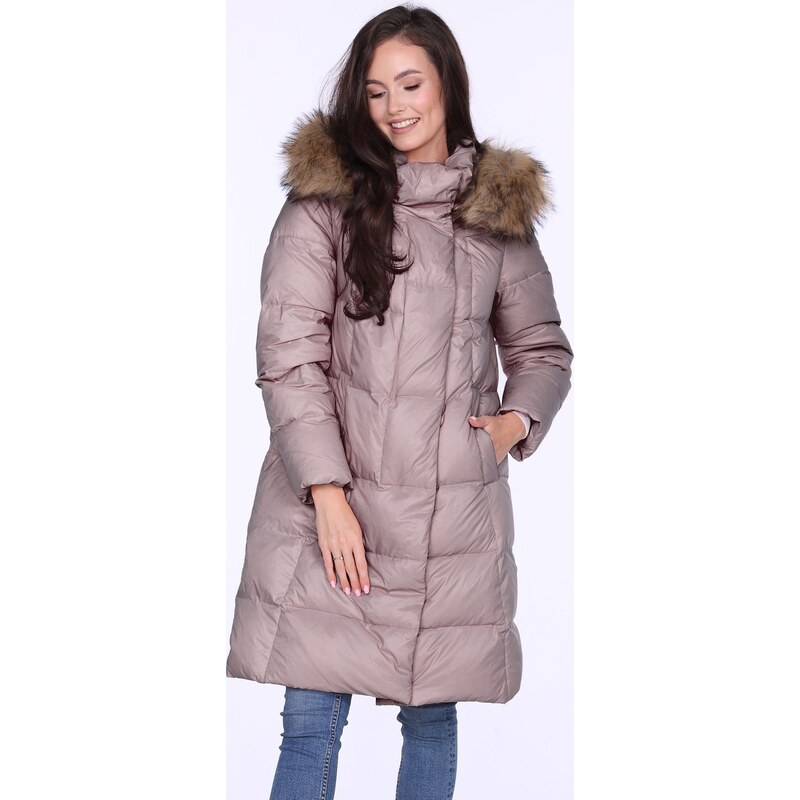 Perso Pastelovo ružová dámska dlhá zimná bunda s kožušinou na kapucni 65808700
