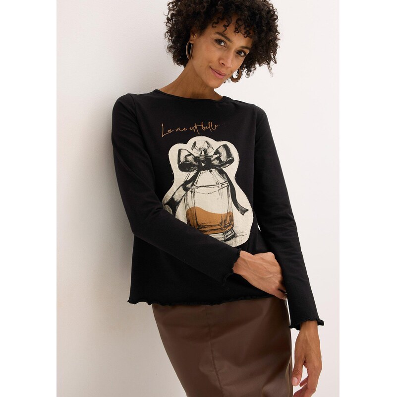 bonprix Tričko s dlhým rukávom z bavlneného streču, farba čierna 65806119