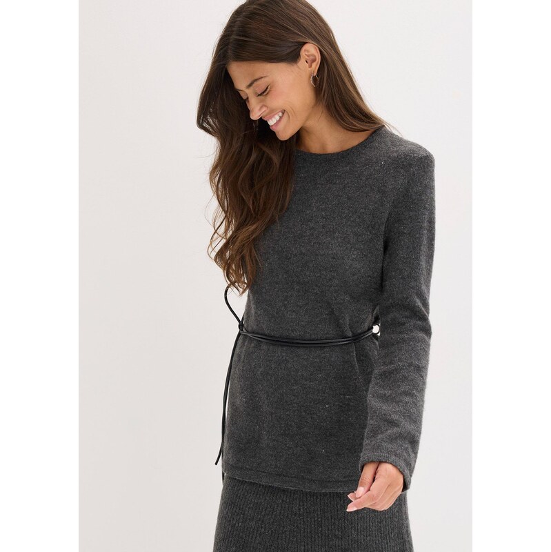 bonprix Pletené tričko s podielom vlny a s koženkovou šnúrkou na 65806350