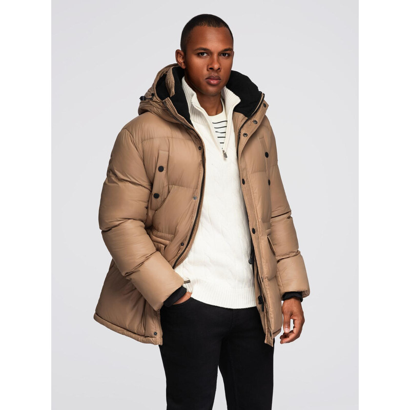 Ombre Mens long puffer jacket with snap pockets - brown 64782565