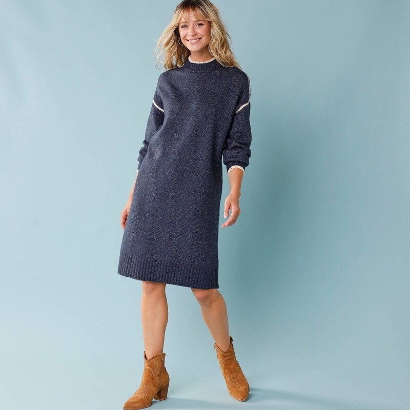 Pulóvrové šaty s kontrastnými prúžkami, pre nižšiu postavu indigo 052 65819498