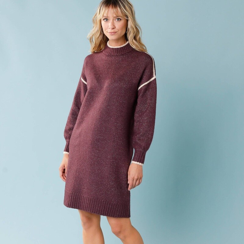 Pulóvrové šaty s kontrastnými prúžkami, pre nižšiu postavu bordó 052 65819499