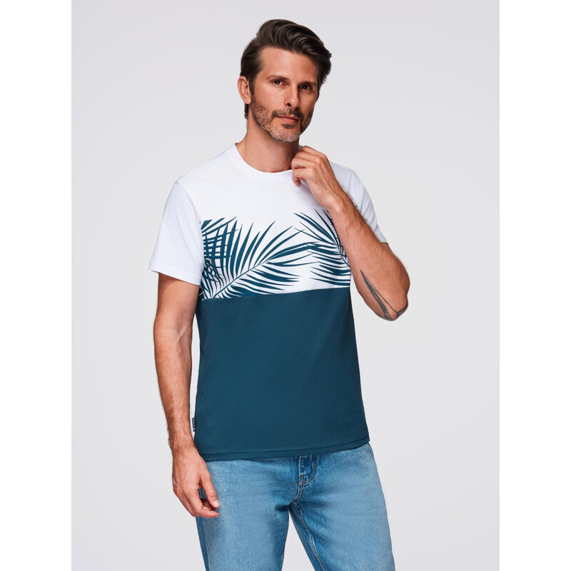 Ombre Mens two-tone t-shirt with palm leaf print - dark blue 64780901