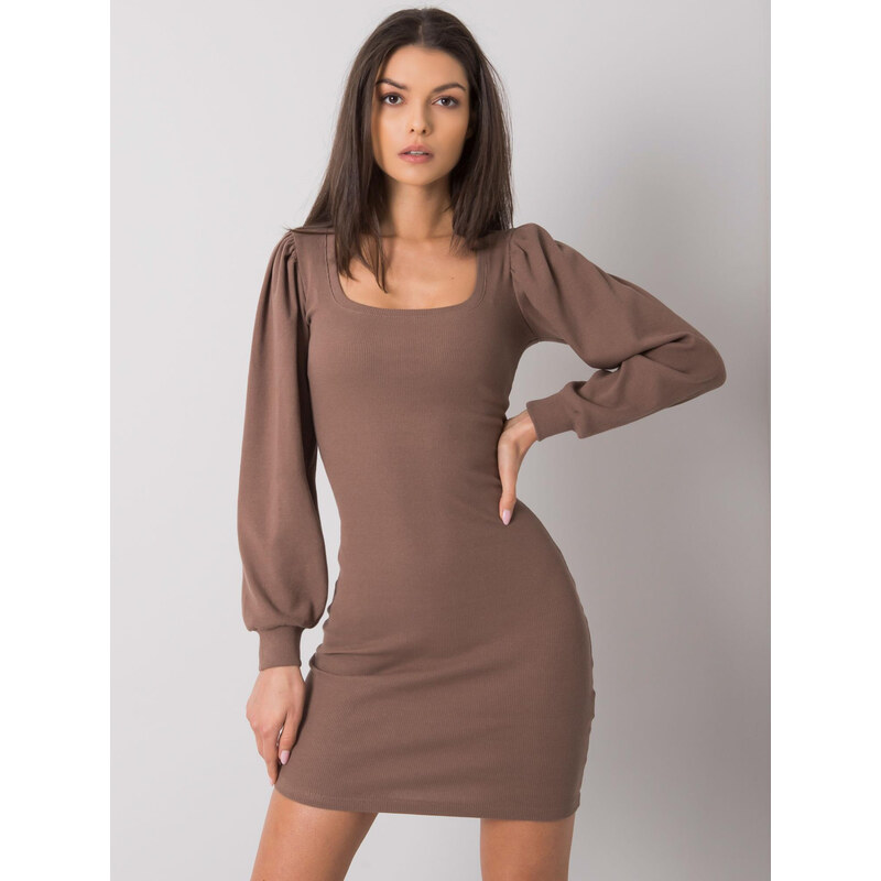 RUE PARIS Hnedé priliehavé mini šaty s riasenými rukávmi RV-SK-7280 57948416