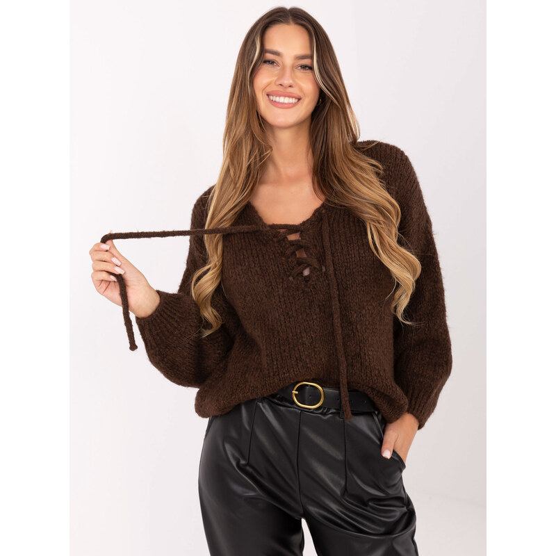 ITALY MODA Hnedý dámsky sveter s viazaním MI-SW-0919.18-brown 66150454