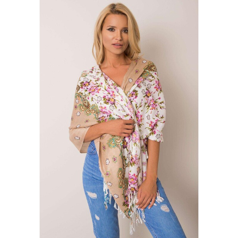 MladaModa Šatka s kvetinovým vzorom a strapcami model CHQ74 béžová 65842810