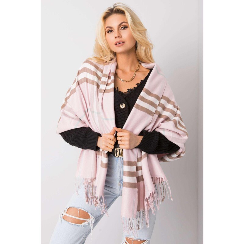 MladaModa Károvaná šatka so strapcami model 501128 pudrovo ružová 65843024