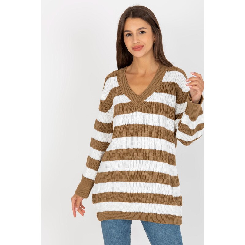 MladaModa Dlhý pruhovaný sveter s véčkovým výstrihom model 803029 65849853