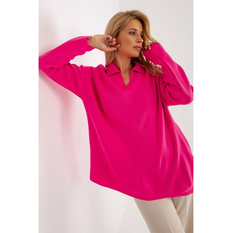 MladaModa Dlhý oversize sveter s golierom model 26100 neónovo ružový 65849879