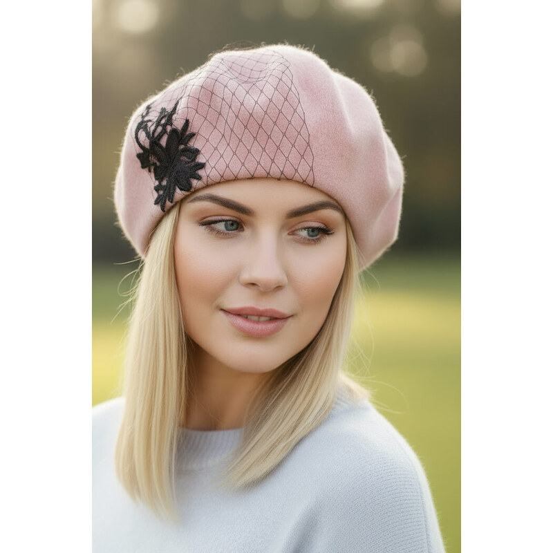Glara Ružový baret so závojom zo 100% vlny 58255379