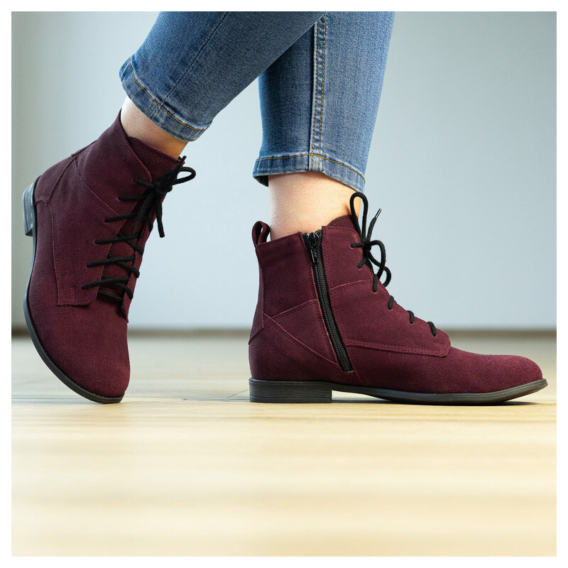 BUTDAM Bordové kožené semišové šnurovacie čižmy NAOMI 65855048