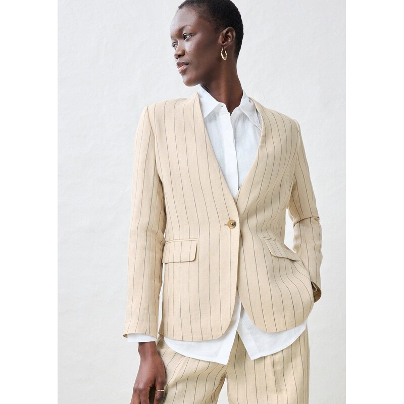 bonprix Blejzer bez goliera z čistého plátna, farba béžová 62679598