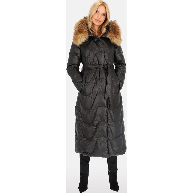 Perso Čierny dámsky prešívaný kabát s prírodnou kožušinou BLH 241005 65860578