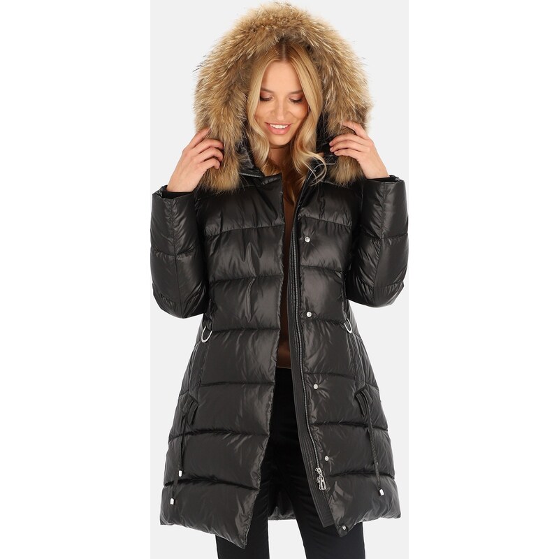 Perso Čierna dámska prešívaná páperová bunda s prírodnou kožušinou BLH 65860584