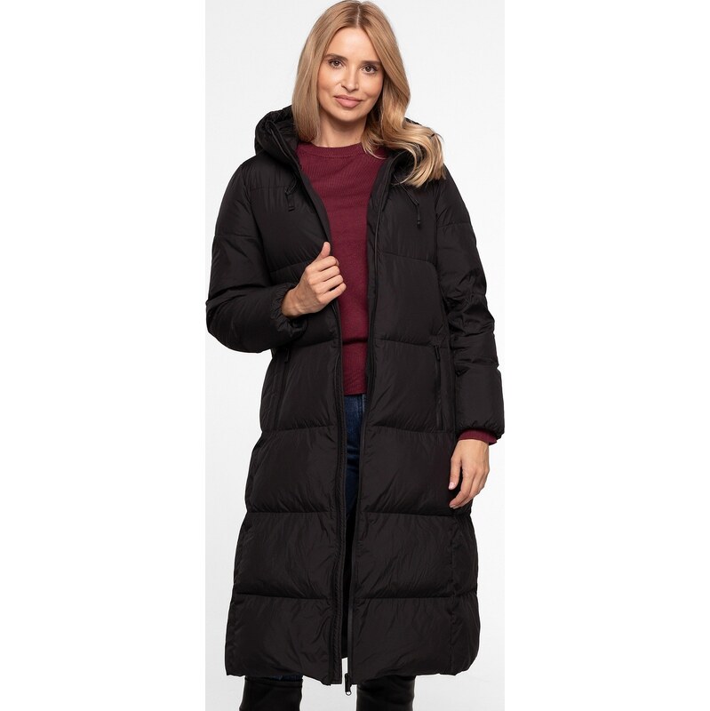 Perso Čierna dámska dlhá prešívaná páperová bunda s kapucňou BLH 65860583