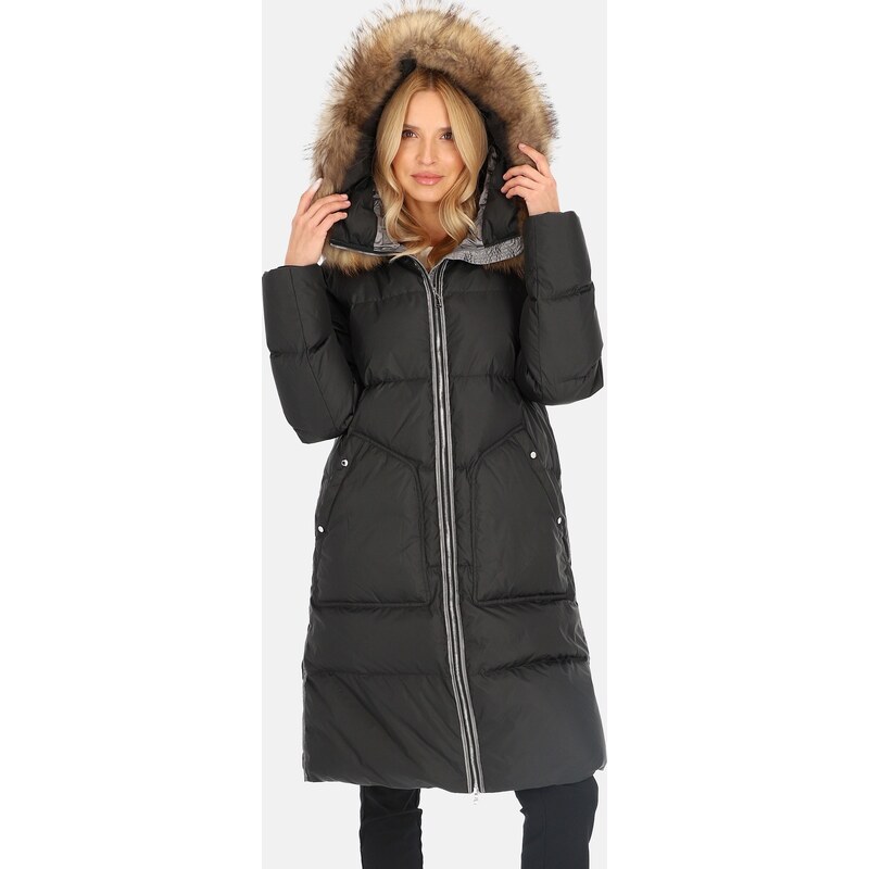 Perso Elegantná čierna dámska páperová bunda s kontrastným pruhom BLH 65860580