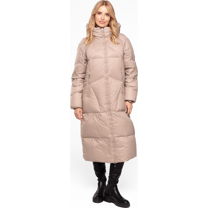 Perso Béžová dámska dlhá páperová prešívaná bunda na zips s kapucňou 65860587