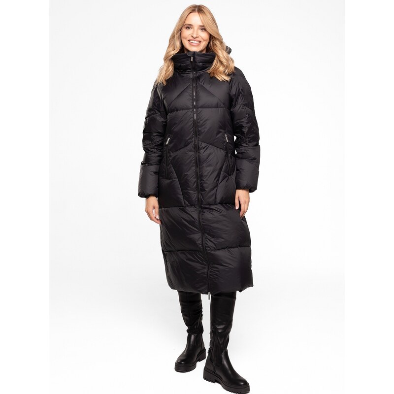 Perso Čierna dámska dlhá páperová prešívaná bunda na zips s kapucňou 65860586