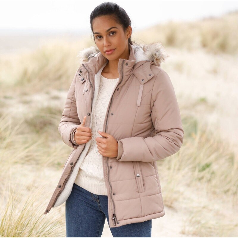 Nepremokavá bunda s kapucňou a imitáciou kožušiny ružovosivá 052 65865442