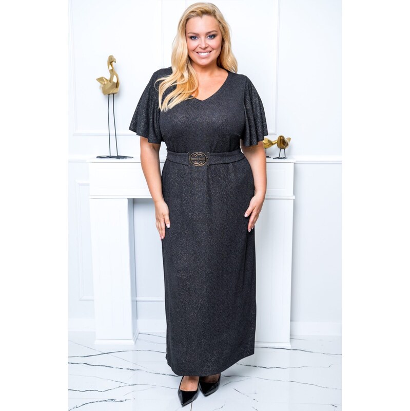 Dlhé trblietavé šaty s odnímateľným opaskom čierne 65871805