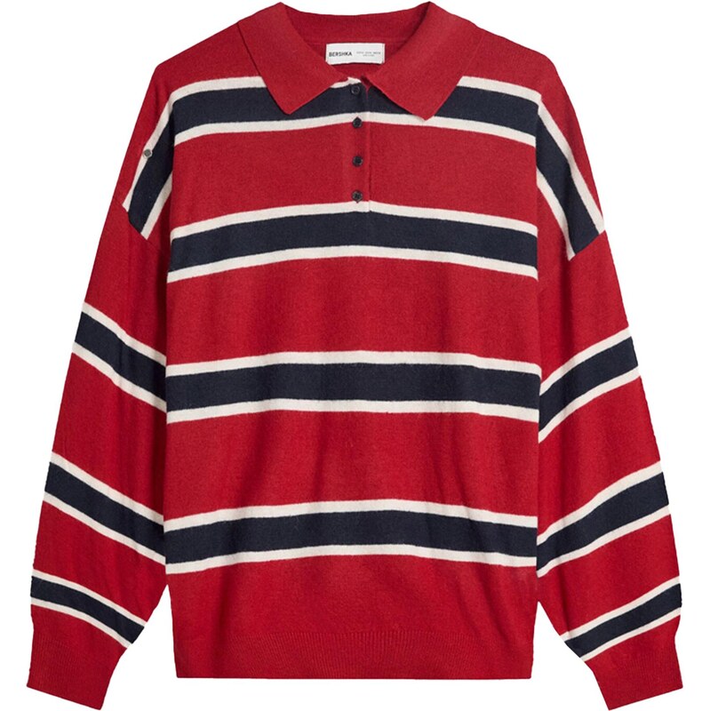 Bershka Sveter námornícka modrá / červená / biela 66026712