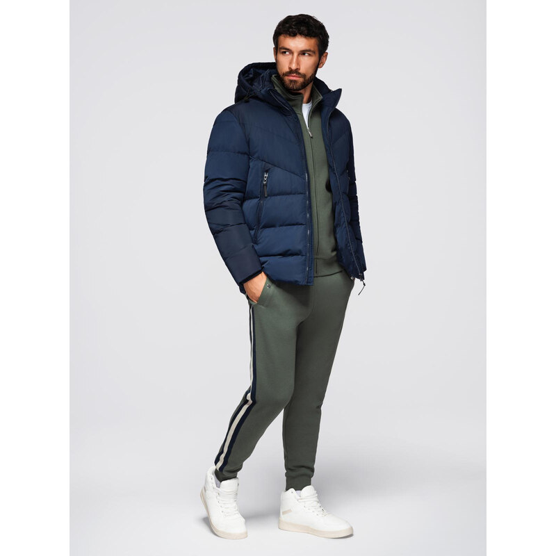 Ombre Mens jacket with asymmetrical quilting and hood - navy blue 65930552