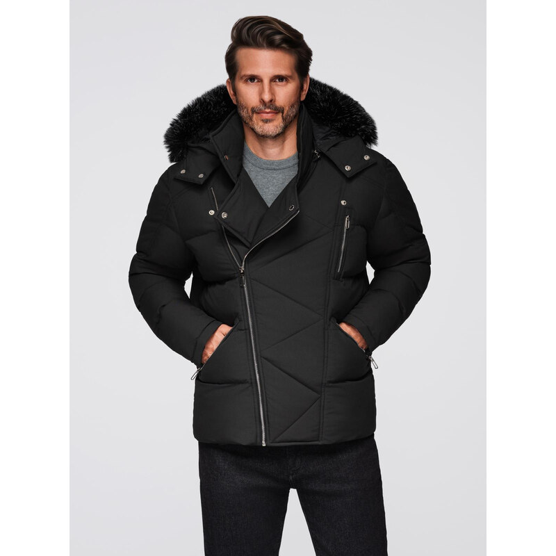 Ombre Mens quilted jacket with cut of ramoneski with hood - black 65911379